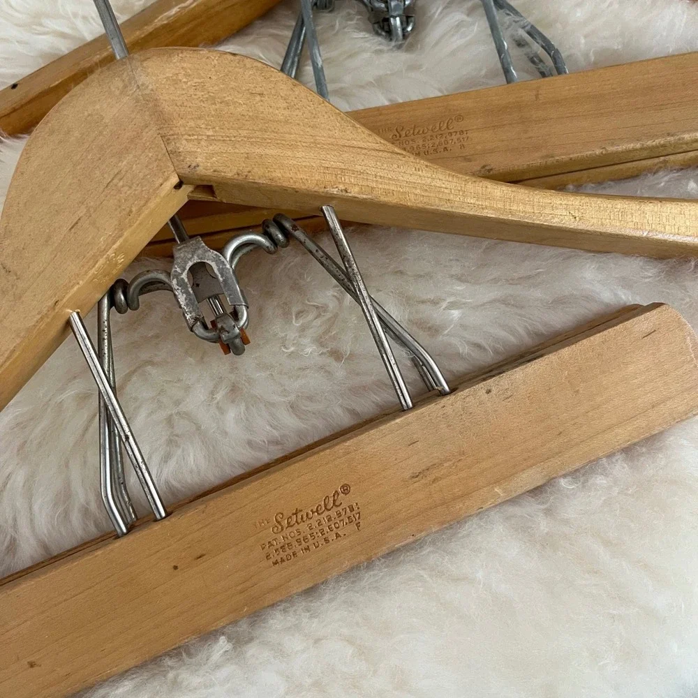 2 Vintage Wooden Suit Hangers with Trouser Clamps, Branded Mid Century Decor